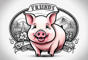 cute pig or piglet.
with text: "friends not food" 
very thin lines
cartoonish style tattoo idea
