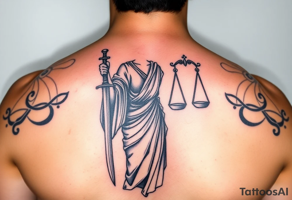 Neotraditional Lady Justice tattoo, in greco-roman robe, roman sword in one hand facing down, scales in other hand, rich colors tattoo idea