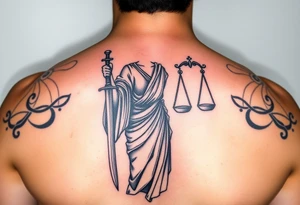 Neotraditional Lady Justice tattoo, in greco-roman robe, roman sword in one hand facing down, scales in other hand, rich colors tattoo idea