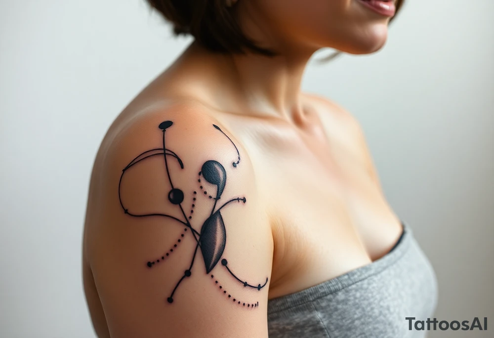 Desenhe uma tatuagem que simbolize uma mulher feminista de 41 anos, mãe de dois filhos homens, independente e filósofa inspirada nas teorias de Deleuze. A tatuagem deve expressar força, liberdade e conexão com a multiplicidade da vida, incorporando elementos abstratos e fluidos, com linhas que sugiram movimento e transformação contínua. Evite clichês e busque um design original e significativo. tattoo idea