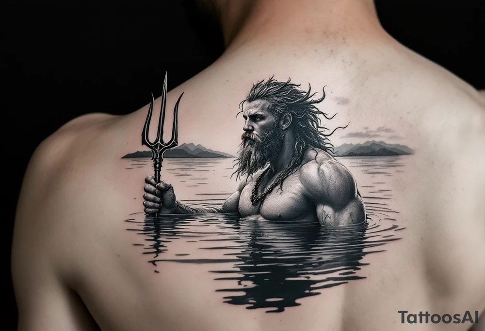 young, fit poseidon in calm water, holding a trident, holding a beer, looking at the horizon tattoo idea