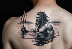 young, fit poseidon in calm water, holding a trident, holding a beer, looking at the horizon tattoo idea