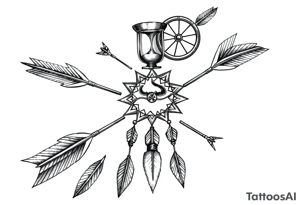 Detailed arrows pointing different ways with hourglass and compass over top dream catcher circling the entire tattoo idea