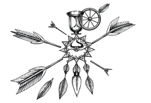 Detailed arrows pointing different ways with hourglass and compass over top dream catcher circling the entire tattoo idea