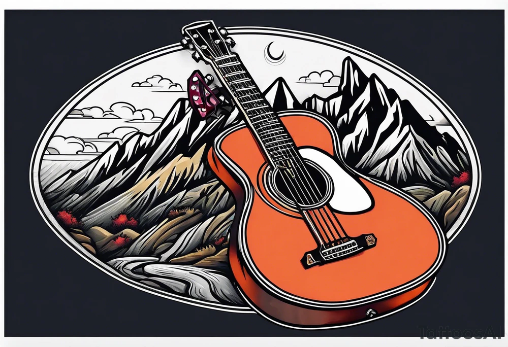 Cross with a guitar leaning on it on a mountain tattoo idea