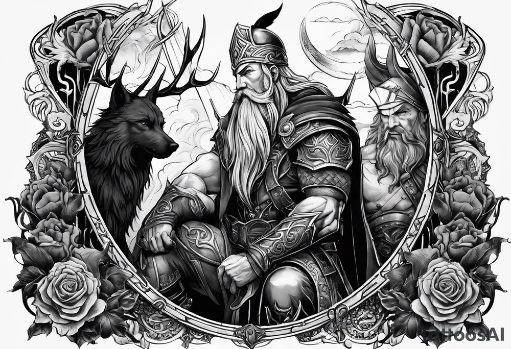 Odin mit Thore und darunter Hades mit sein dreiköpfigen Hund tattoo idea