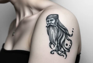 The sign of aquarius version human man almost resembling a god, with a large beard, with a jar on the shoulder with water coming out of it in an ocean element of water flowing along the arm tattoo idea