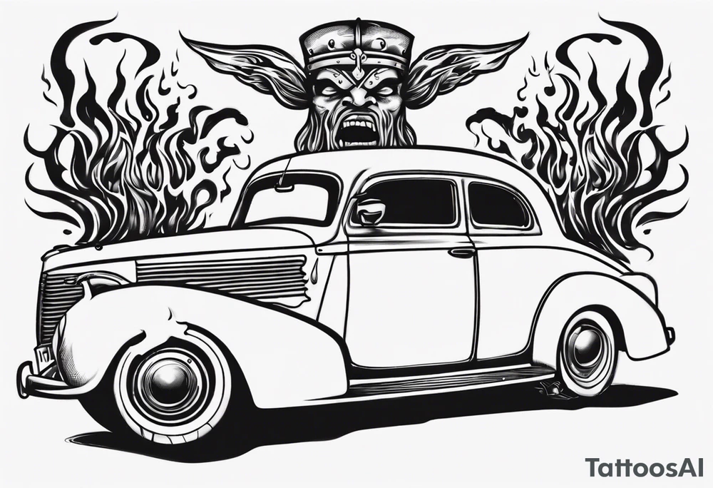 An old vintage car with flames coming out of the hood and a viking head at the top of the flames tattoo idea