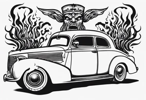 An old vintage car with flames coming out of the hood and a viking head at the top of the flames tattoo idea
