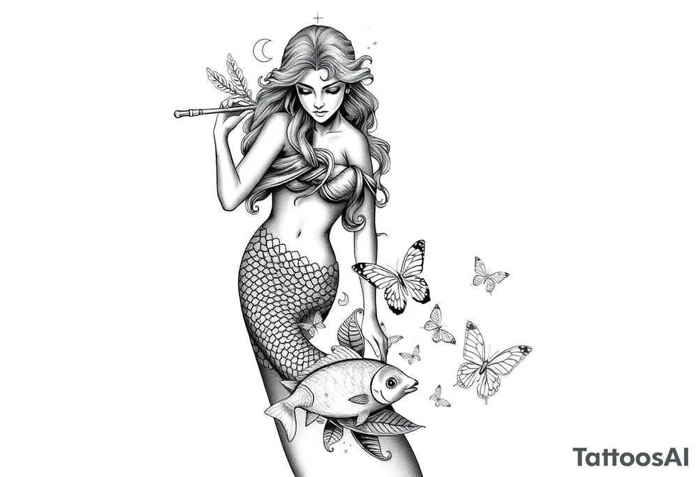 Aquarius goddess with mermaid tail Carrying  water bearer over her shoulder spilling water to the floor with a pisces fish in
Leading to butterflies 
Aries and virgo star signs tattoo idea