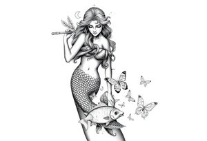 Aquarius goddess with mermaid tail Carrying  water bearer over her shoulder spilling water to the floor with a pisces fish in
Leading to butterflies 
Aries and virgo star signs tattoo idea