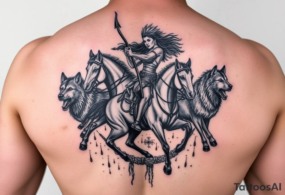 Native warrior women riding a horse with a strong bow and arrow, Surrounded by wolves & deer & blood splatter tattoo idea