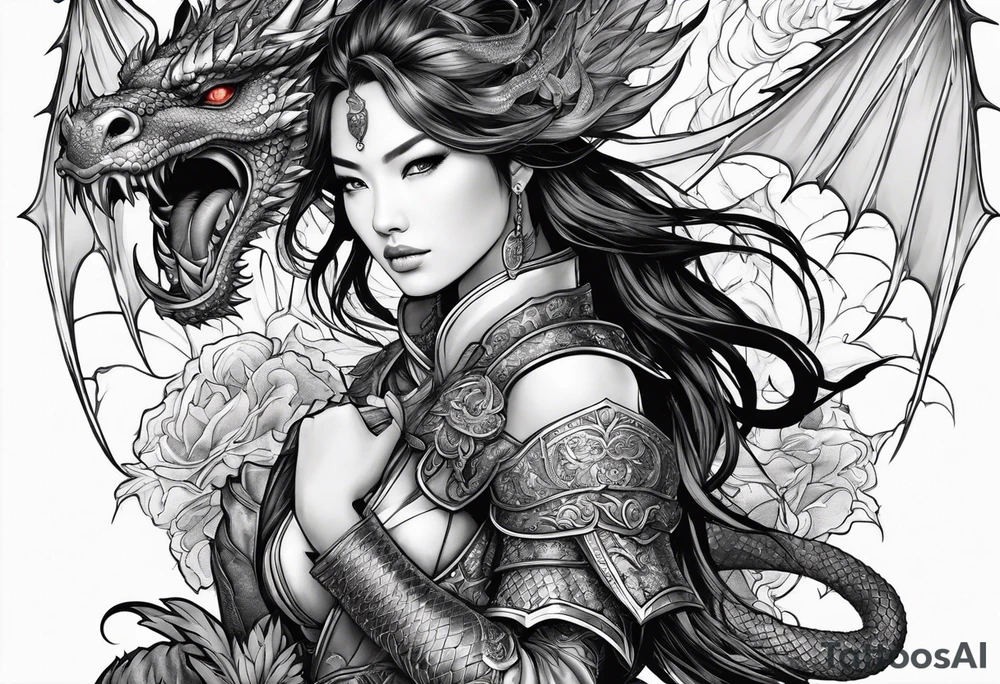 beautiful warrior woman wearing dragon armor and a dragon flying tattoo idea