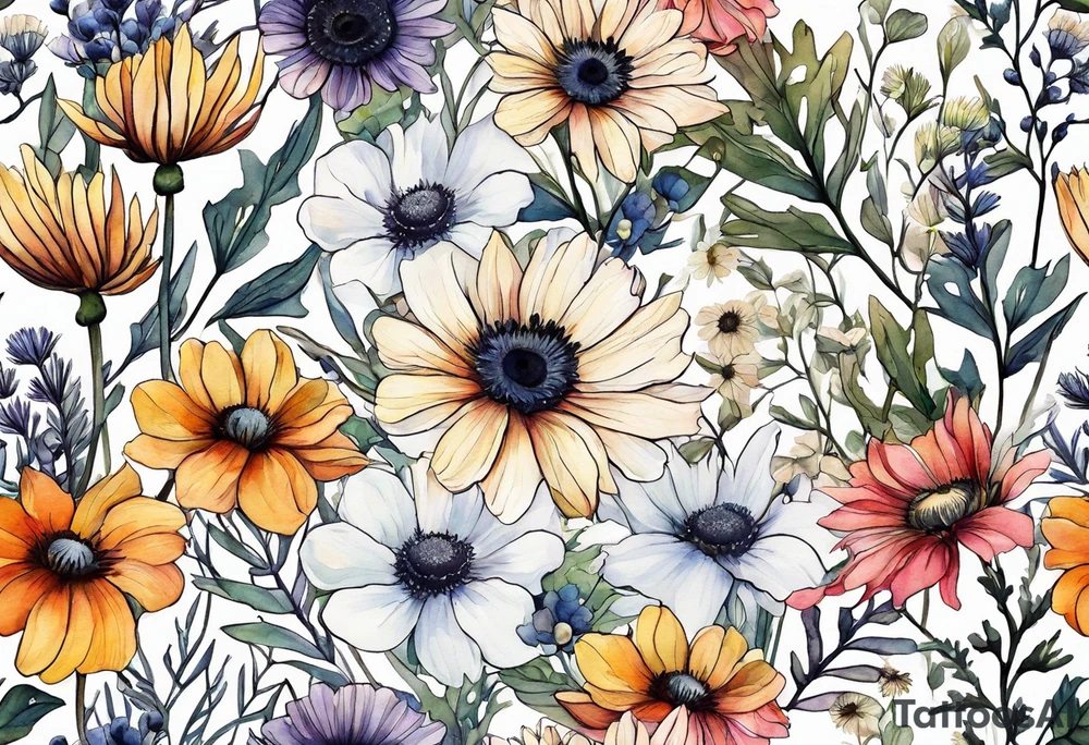 wildflowers with thistles, ferns, ranuculus, white anemones with black center, sun flowers, mixed color flowers and different shapes all in watercolor tattoo idea