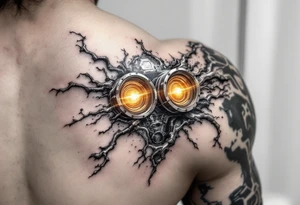 A ripped-skin illusion showing carbon fiber muscles and glowing orange pistons in motion. tattoo idea