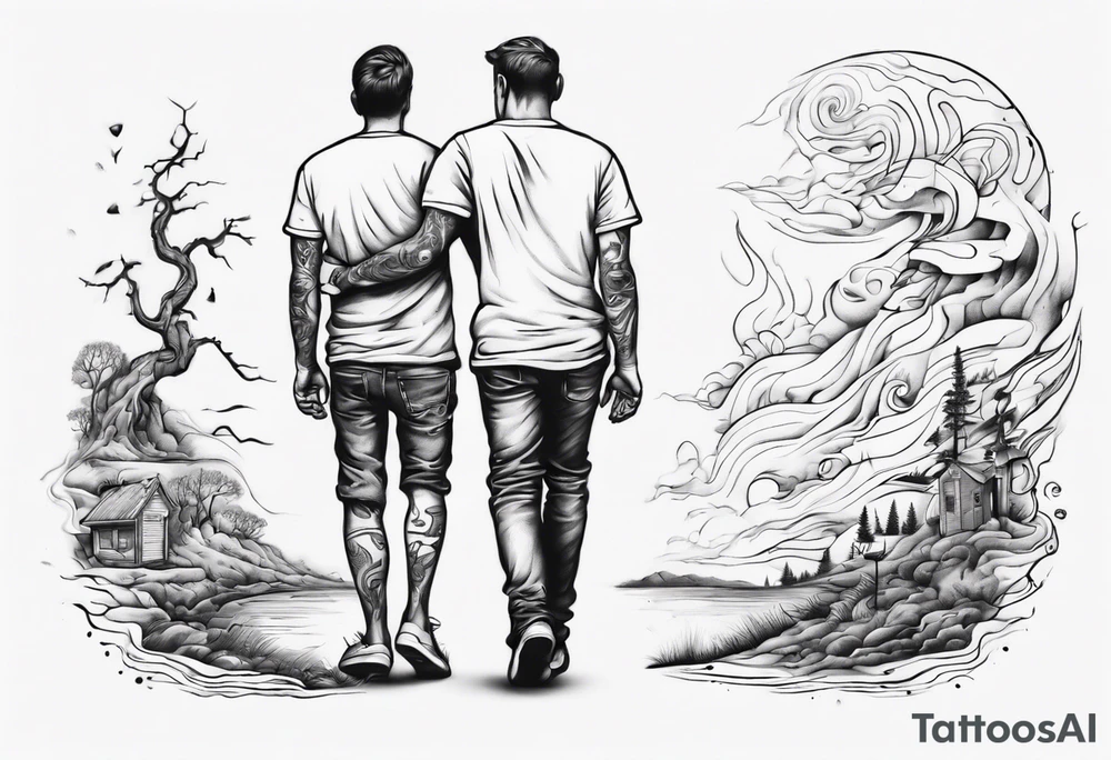 dad and son walks away contour tattoo idea