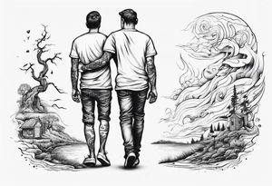 dad and son walks away contour tattoo idea