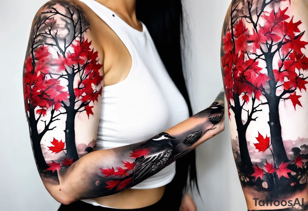 trash polka style. Arm tattoo. chest tattoo. Long tattoo. large tattoo. Full sleeve. Shoulder. A single large maple tree with red autumn leaves that branches upwards from wrist to shoulder. White-throated dipper bird on the trees branches. Calluna flowers at the base of the trees stem. Tree stem has dark colors. Red/yellow sunset behind the trees stem. Leaves falling. tattoo idea