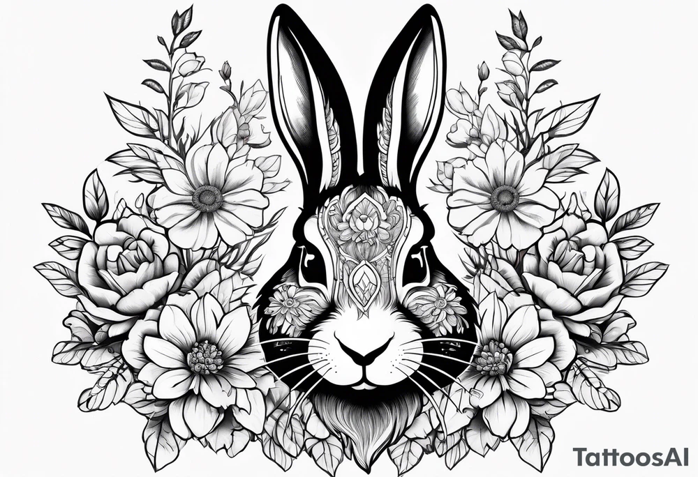 Rabbit head and flowers tattoo idea