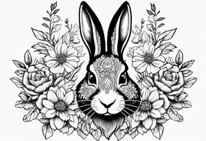 Rabbit head and flowers tattoo idea