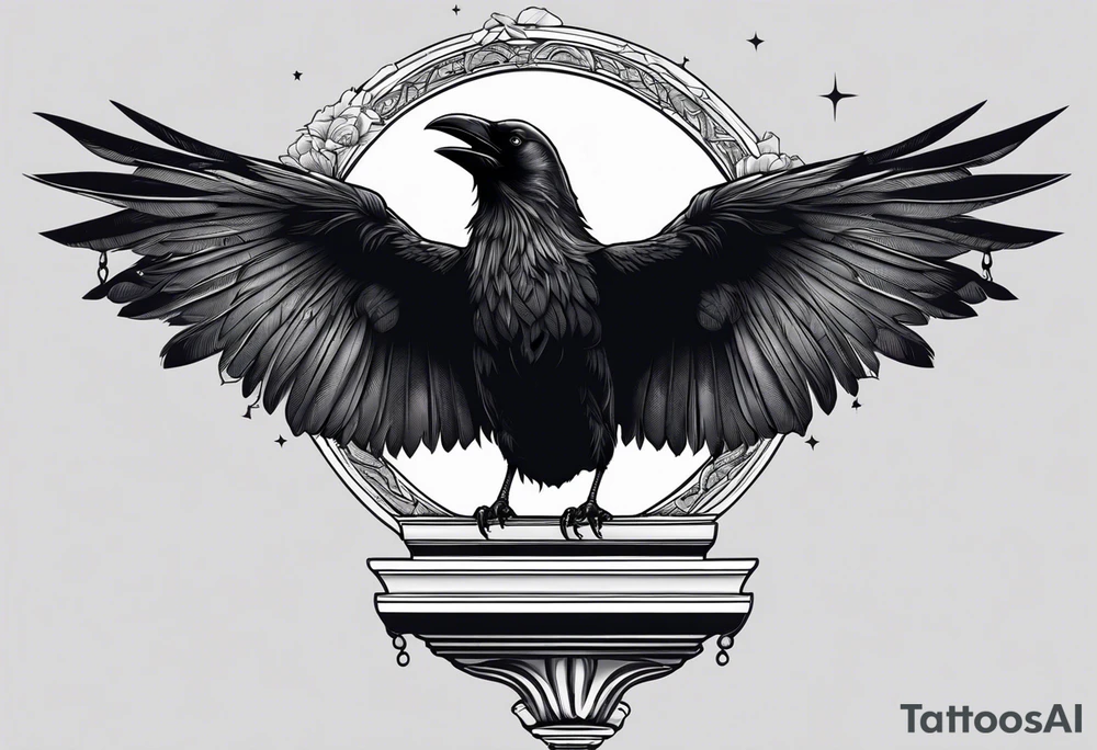 Gothic crow on a Corinthian capital with moon in the background tattoo idea