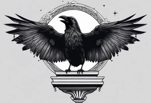 Gothic crow on a Corinthian capital with moon in the background tattoo idea