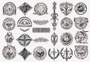 rectangle-long tattoo within a half-circle configuration with a shield and spear with ancient Greek art intertwined tattoo idea