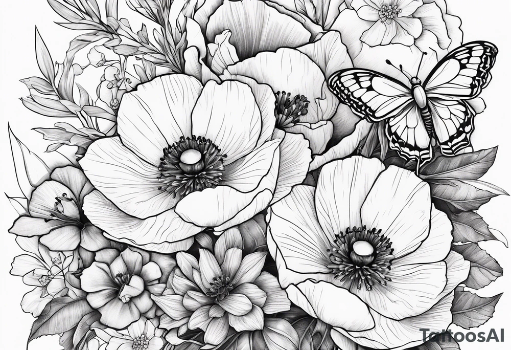 Bouquet of poppies and paperwhites and holly with. A butterfly tattoo idea