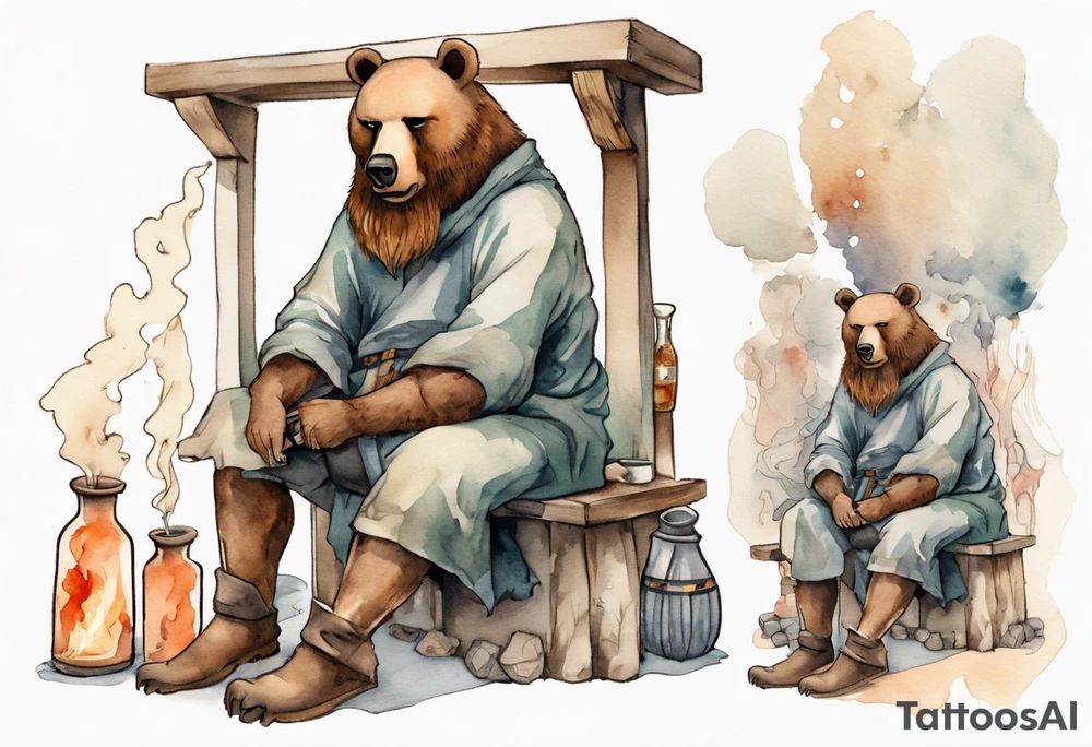 a medieval bear-human hybrid with a long beard wearing a tunic and boots, sitting on a stool by a fireplace drinking from a clay bottle tattoo idea