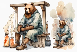 a medieval bear-human hybrid with a long beard wearing a tunic and boots, sitting on a stool by a fireplace drinking from a clay bottle tattoo idea