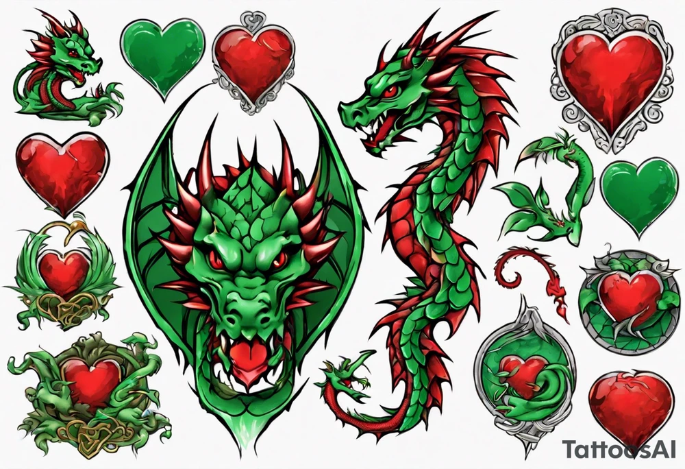 red dragon with green-stone heart tattoo idea