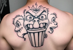 powerful faces with huge eyes and mouth with foamy mouth with a garbage pail kids body tattoo idea