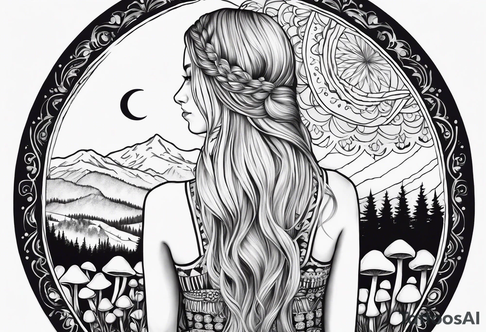 Straight blonde hair girl facing away toward mountains surrounded by mushrooms crescent moon mandala circular design black and white striped dress "8" in hair tattoo idea