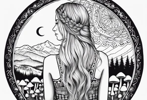 Straight blonde hair girl facing away toward mountains surrounded by mushrooms crescent moon mandala circular design black and white striped dress "8" in hair tattoo idea