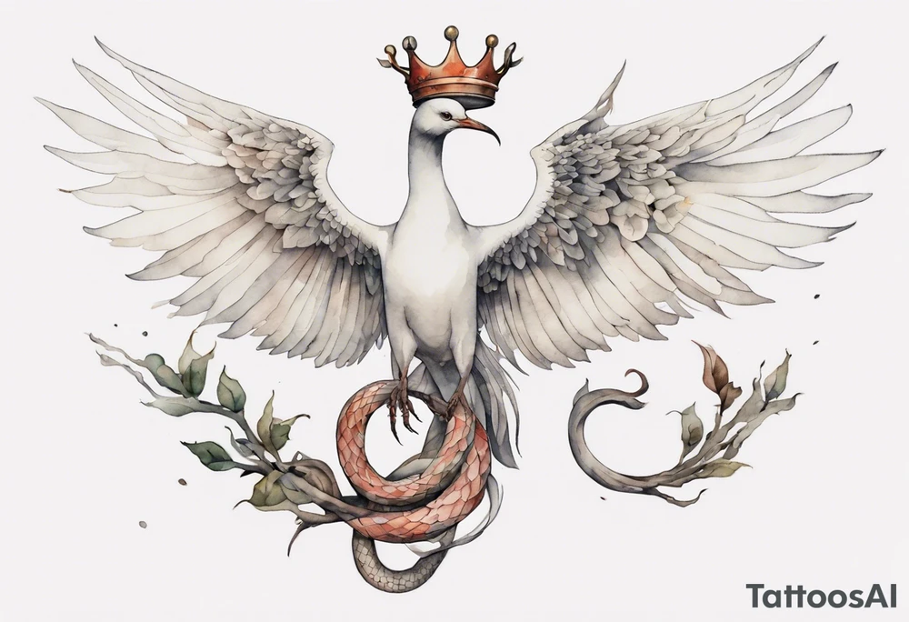 a watercolor of a white bird-serpent hybrid wearing an iron crown, flying tattoo idea