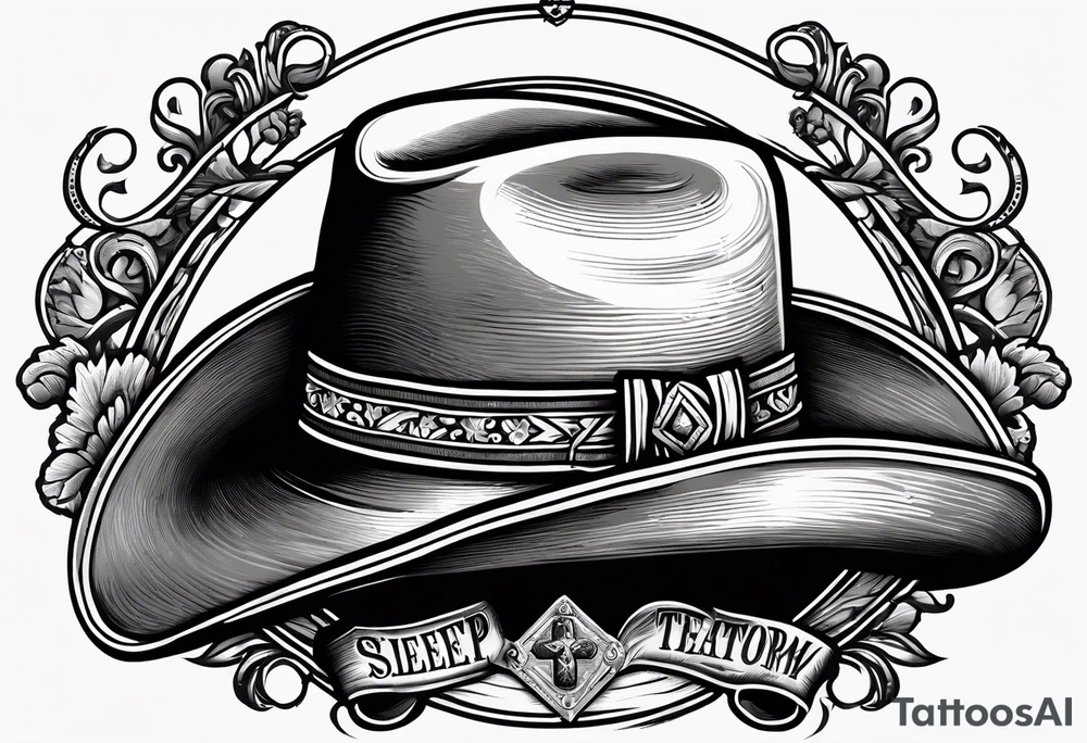 Ruggred cross with a cowboy hat that says sleep through the storm tattoo idea