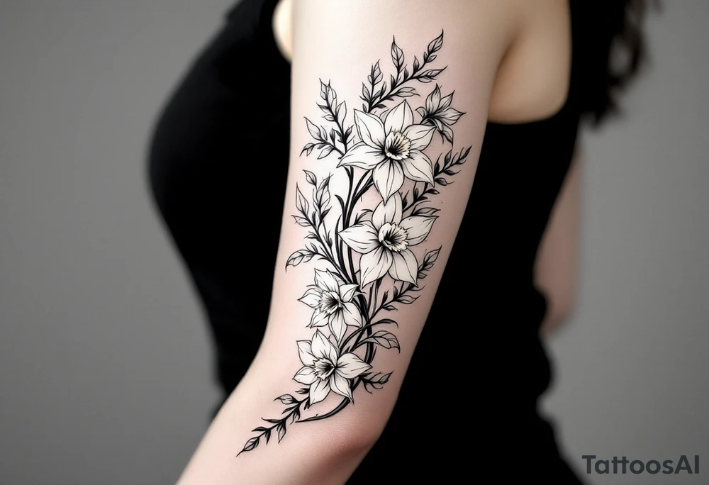 sleeve of holly and daffodils tattoo idea