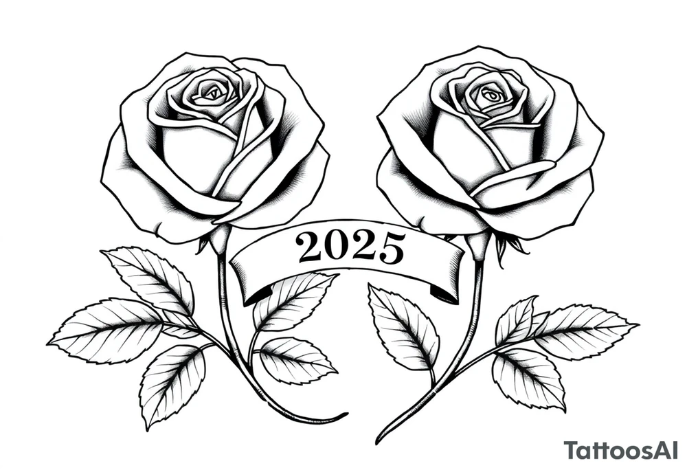 two beautiful large rose buds, one larger than the other, with many leaves next to the rose buds, with one sitting higher than the other. Include a banner connecting the two roses with the year "2025" on it.   Use dark outlines with little shading. The two stems should be short, not long, and connect and join into one stem, whimsically curved or twisted - not straight down. tattoo idea