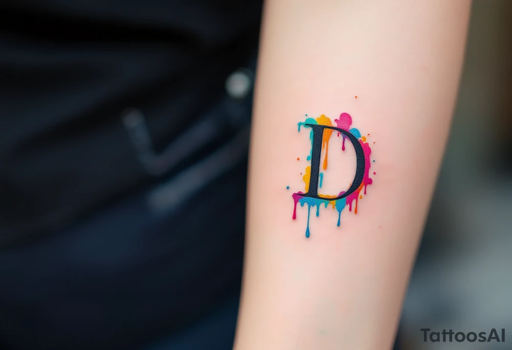 Paint-Drip D – A bold black letter D with colorful paint dripping down – in yellow, magenta, cyan, and teal. tattoo idea