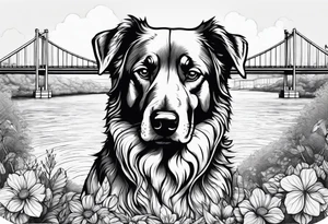 Dog head shape outline with  river amd bridge view tattoo idea