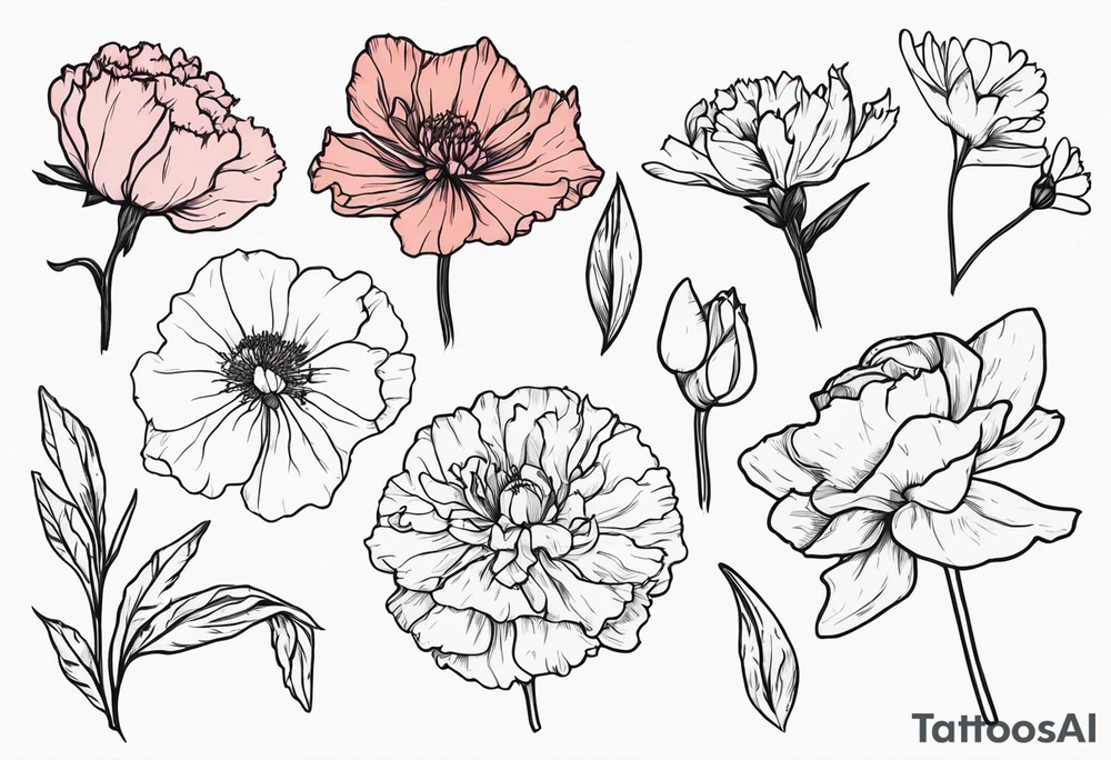 Bundle of flowers: Two carnations, Two daffodils, One snowdrop, One hawthorn flower, Two honeysuckles, One rose, One chrysanthemum, one cosmos, one marigold, one morning glory, and one aster tattoo idea