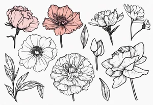 Bundle of flowers: Two carnations, Two daffodils, One snowdrop, One hawthorn flower, Two honeysuckles, One rose, One chrysanthemum, one cosmos, one marigold, one morning glory, and one aster tattoo idea