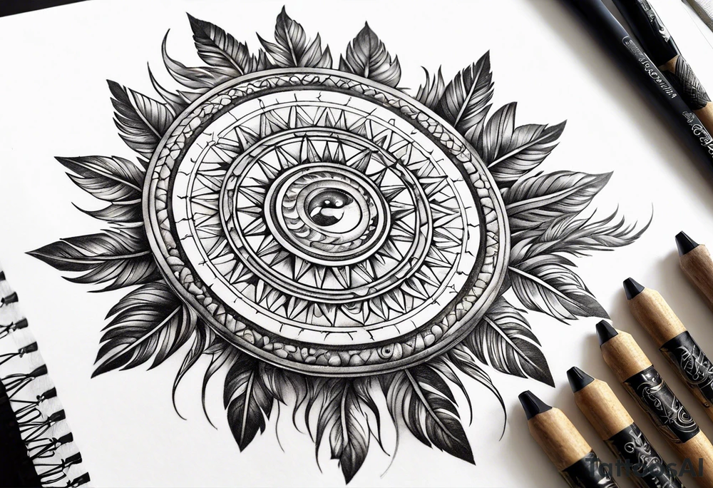 feathered calendar sun stone tattoo idea