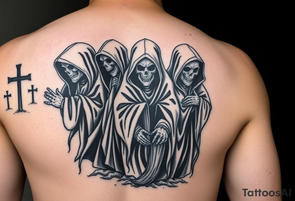 dark black and grey horror tattoo sleeve, procession of hooded skeletal ghouls standing side by side like corrupted ancient preachers, subtle elongated skull faces inspired by ghostface mask, tattered flowing robes, ominous religious atmosphere, false prophets leading souls to damnation, one skeletal victim being dragged away at the bottom, smoky hellfire filler near the lower section, subtle robe-like filler in upper section, high contrast realism, gothic graveyard background with sparse large distant crosses, cursed sermon aesthetic, detailed tattoo stencil style, smooth readable composition, realistic 
blackwork tattoo” tattoo idea