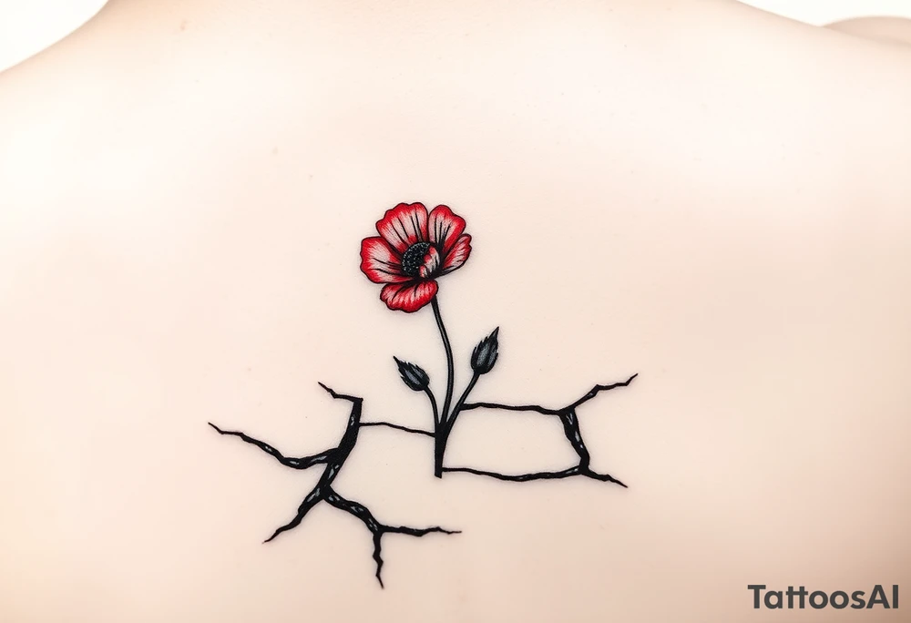 One line only drawing, artsy style, poppy growing up from cracks in pavement, red airbrush on poppy only, back of ankle/heel or back of upper arm, more artistic rendering of cracks, very minimal/simplistic design tattoo idea
