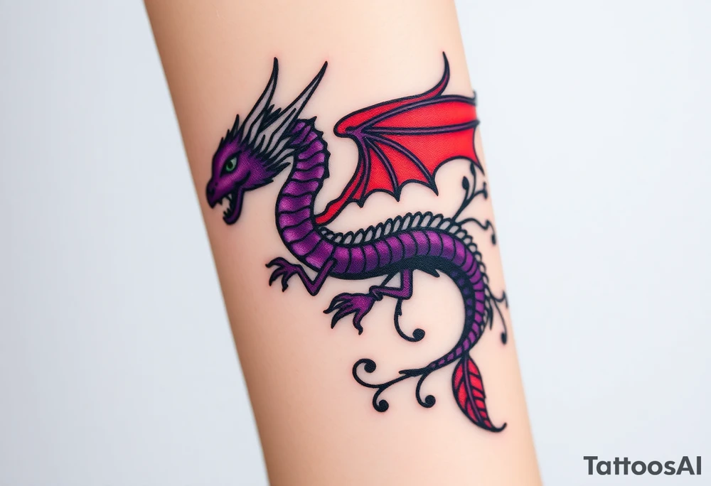 A bracelet wrapped around the arm dragon with purple and red tones, feathers and vines
Include bead WORK and lines tattoo idea