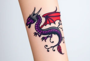 A bracelet wrapped around the arm dragon with purple and red tones, feathers and vines
Include bead WORK and lines tattoo idea
