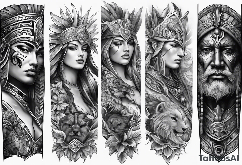 Leg sleeve tattoo of warrior heads from
 Different eras tattoo idea