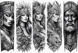 Leg sleeve tattoo of warrior heads from
 Different eras tattoo idea