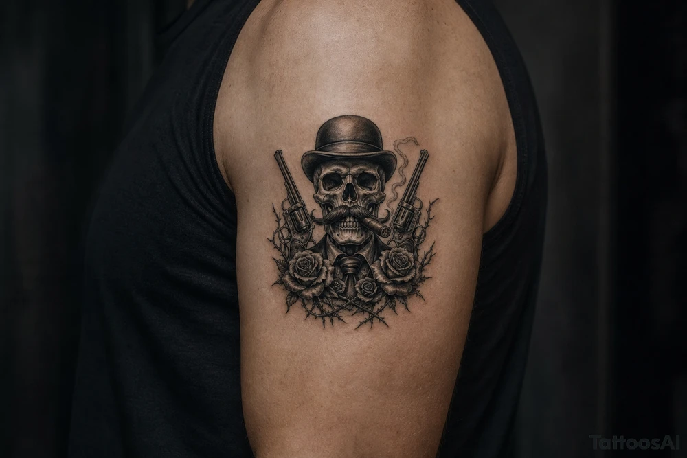 Gothic skull in bowler hat, handlebar mustache, holding smoking cigar, antique revolvers at sides, thorny roses. tattoo idea